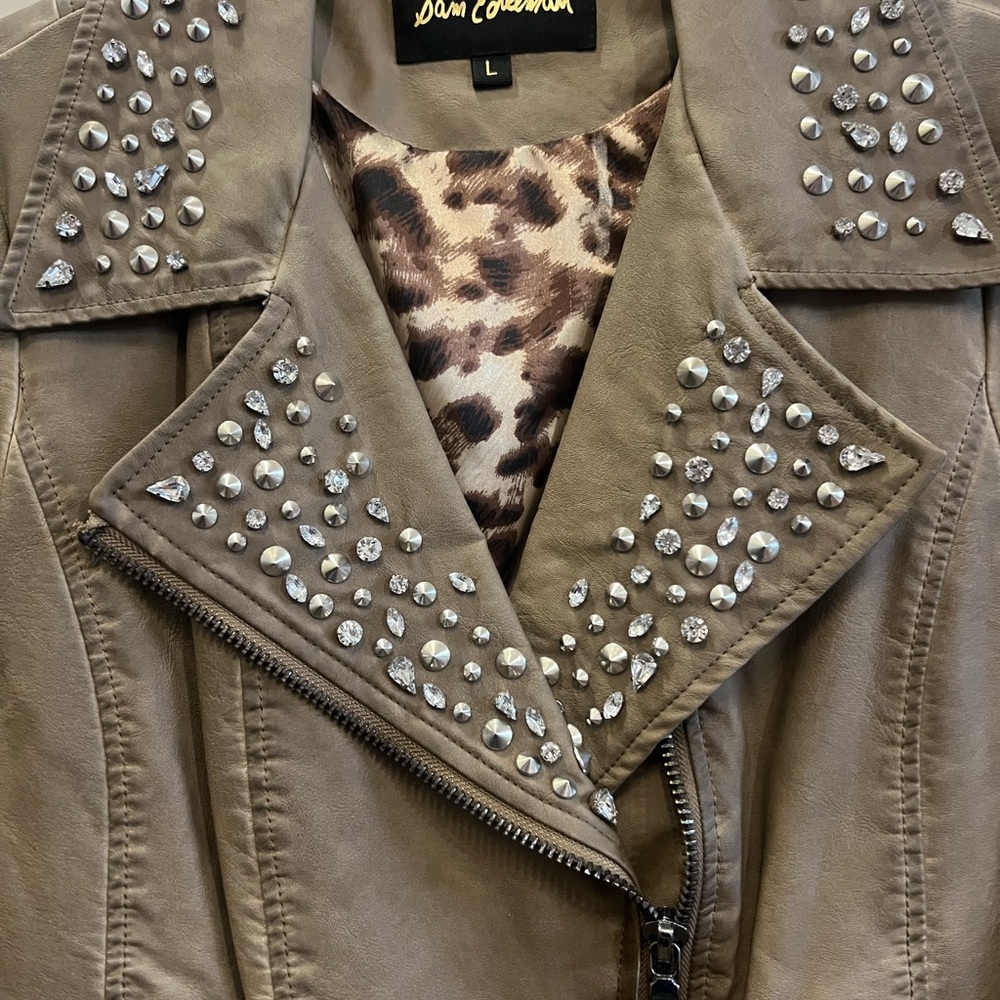 Sam Edelman Studded Distressed Tan/Brown Moto Jacket With Leopard Print Lining